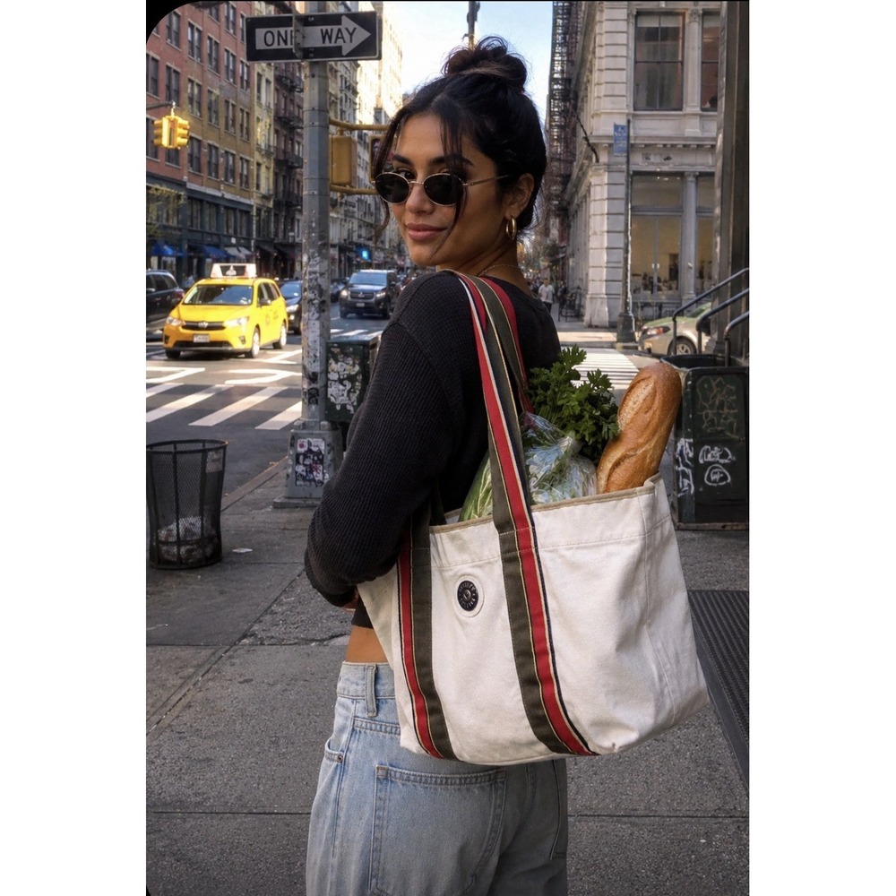 KIPLING Conor Canvas Tote Bag Black Striped Straps‎